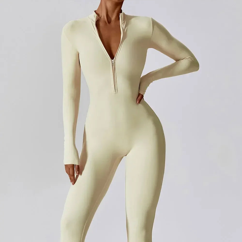 Combinaison de sport moulant à manches longues avec zip