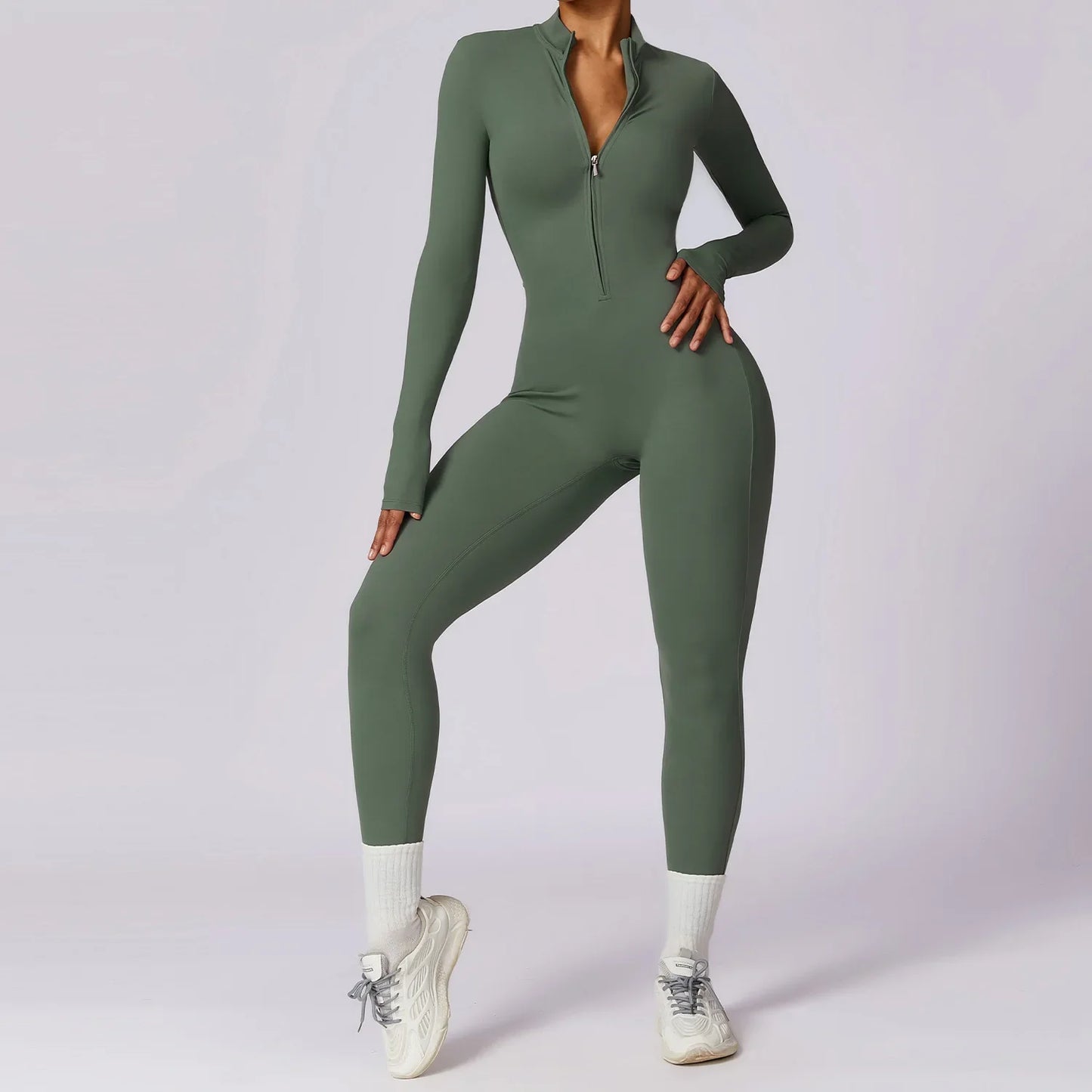 Combinaison de sport moulant à manches longues avec zip